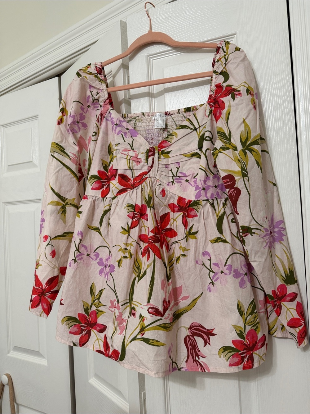 Venus Women's Floral Peasant Top - Pink with Red & Purple Blooms